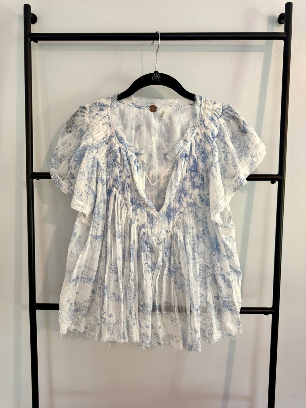 Free People Gathered White Gause Top with Romantic Blue Floral Print, XL